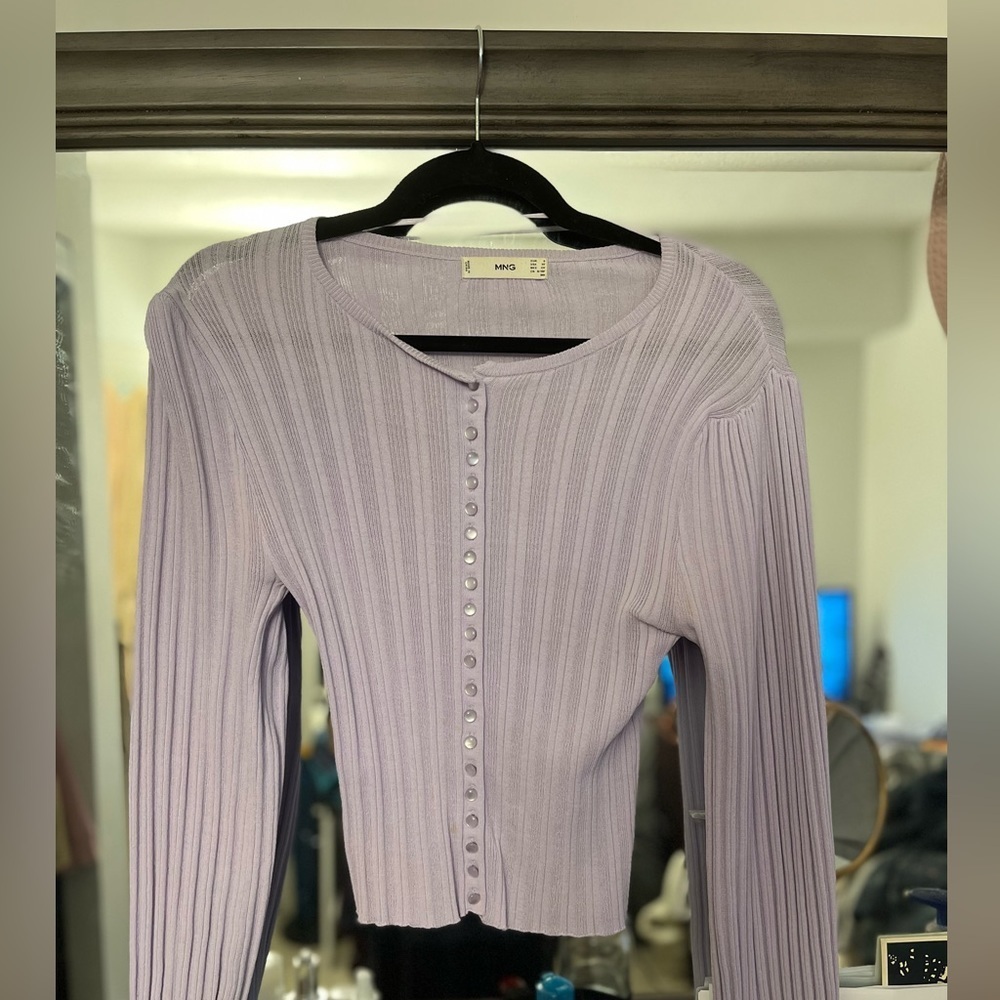 MANGO Ribbed Viscose Balloon Sleeve button Cardigan in purple